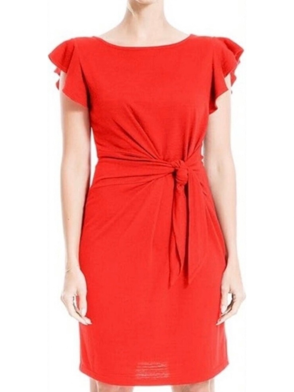 Max Studio Bright Red Tie-Front Waist Short Flutter Sleeve Dress NWT Size Small